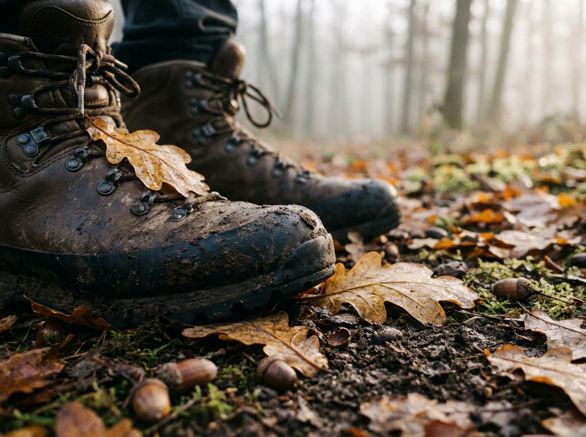 Bottes de randonnée sur un tapis de feuilles d'automne humides en forêt