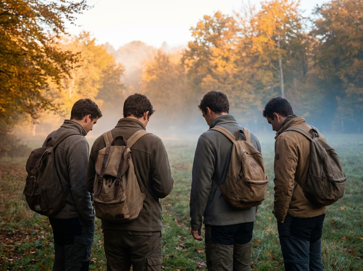 Groupe de randonneurs de dos en lisière de clairière brumeuse, écoutant la forêt