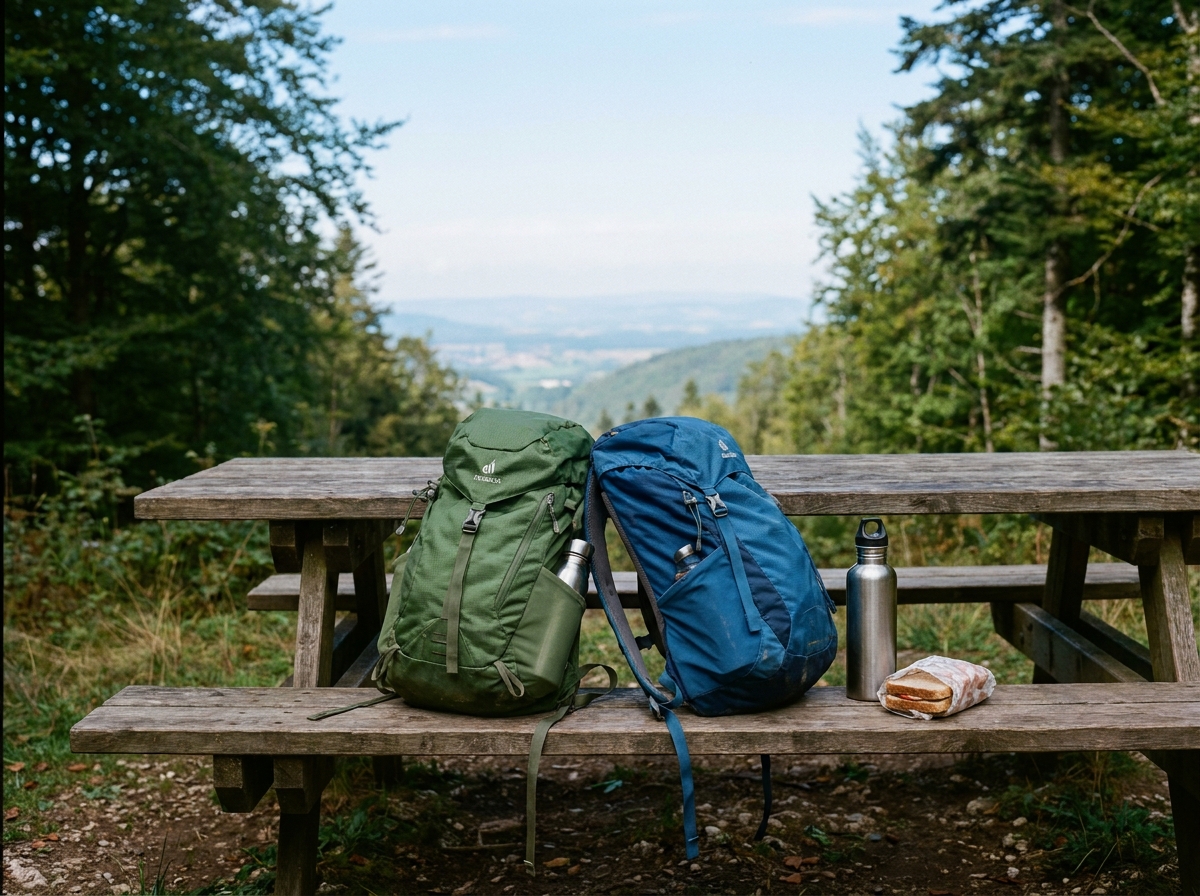 Deux sacs à dos posés sur un banc en forêt avec vue sur la vallée du Jura en septembre