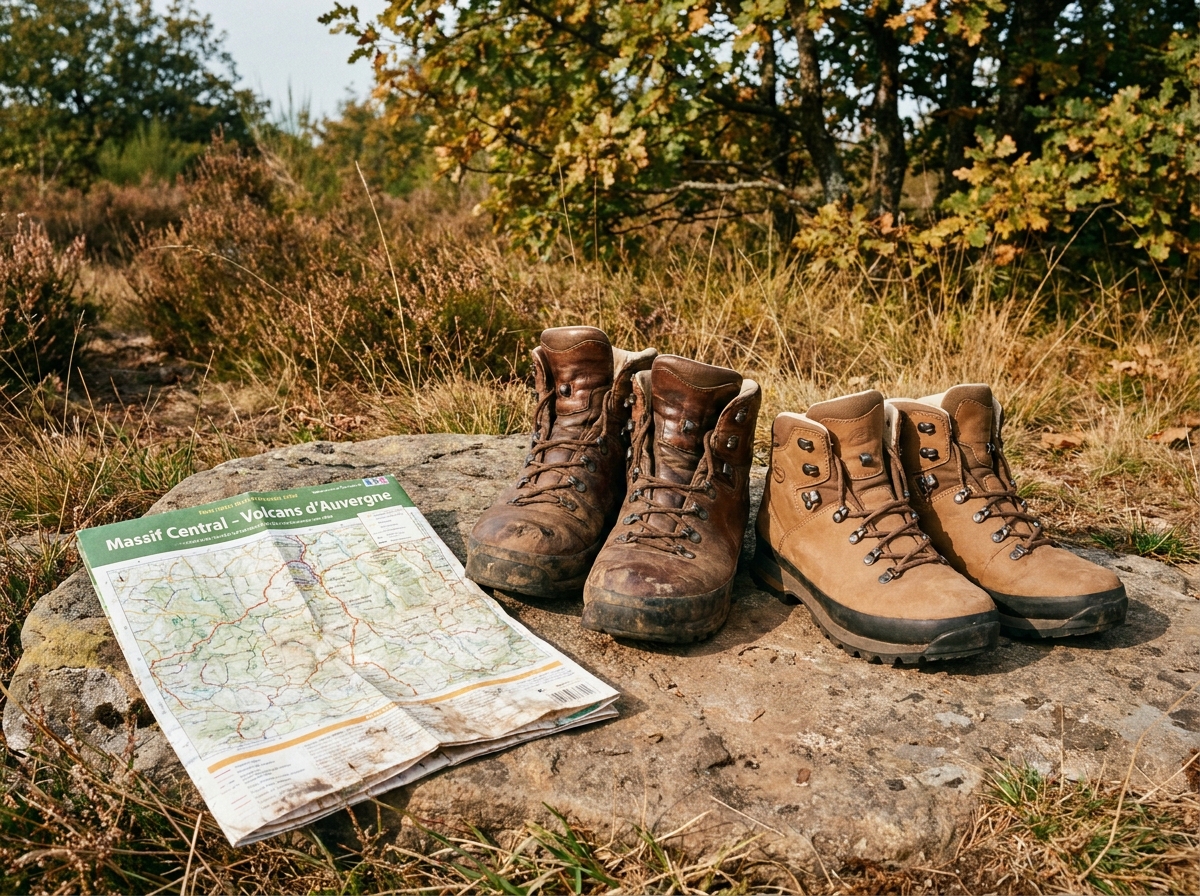 Deux paires de chaussures de rando et une carte papier posée sur un rocher en automne
