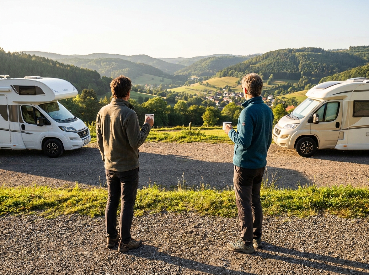 Illustration de deux voyageurs près de leurs camping-cars dans un paysage de nature