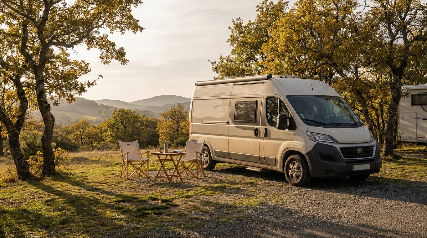 Illustration d’une étape avec un fourgon aménagé et un camping-car dans la nature