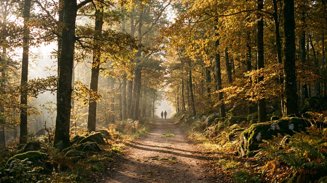 Sentier forestier dans les Vosges en septembre, deux silhouettes au loin à la lumière dorée