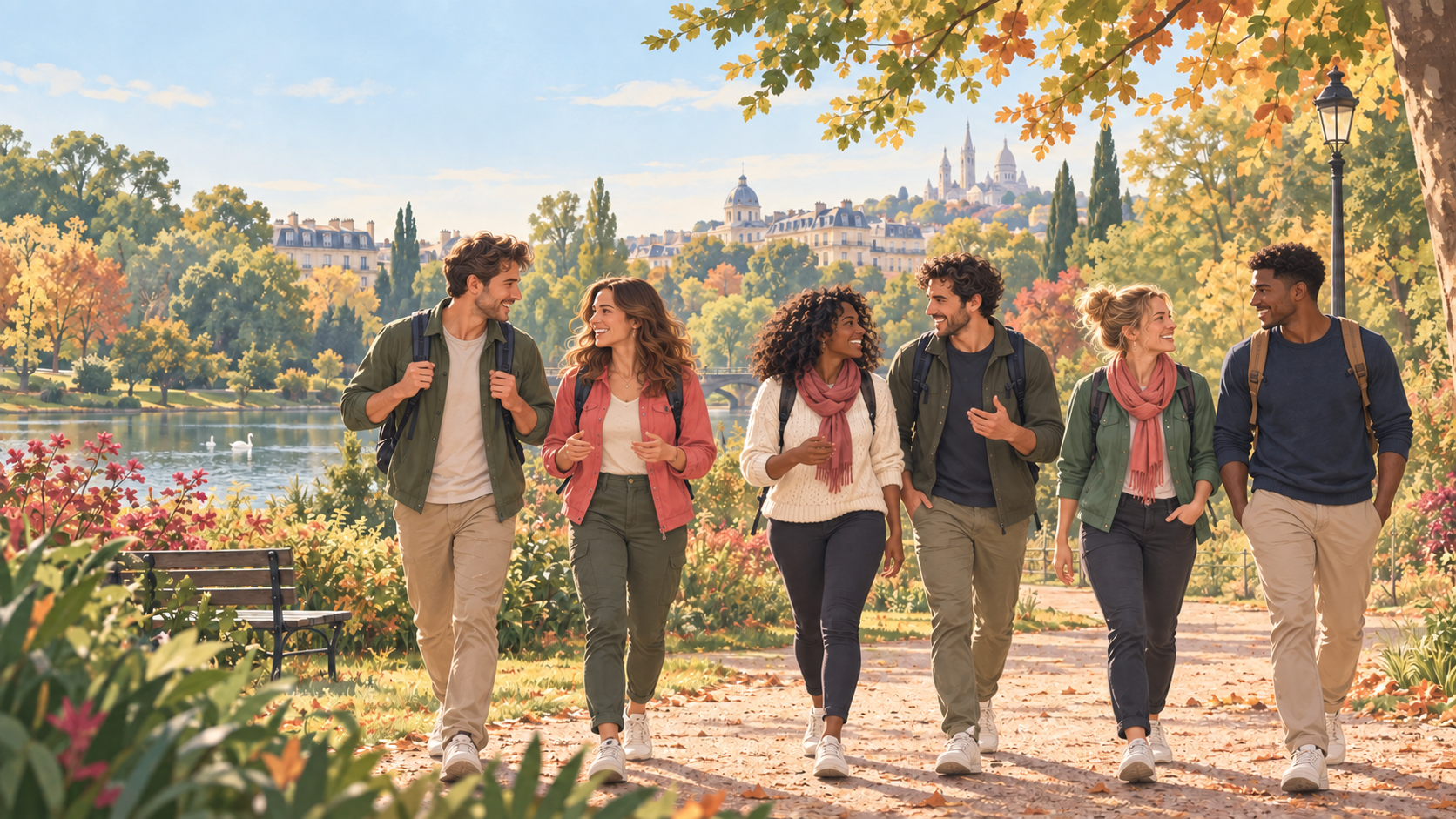 Illustration de six jeunes adultes qui discutent en marchant dans un parc arboré