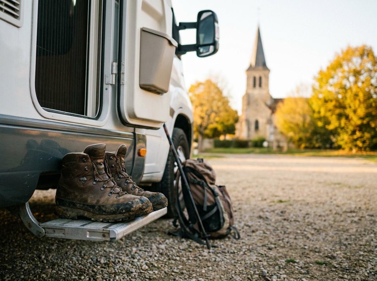 Chaussures de randonnée légèrement boueuses posées sur le marchepied d'un camping-car