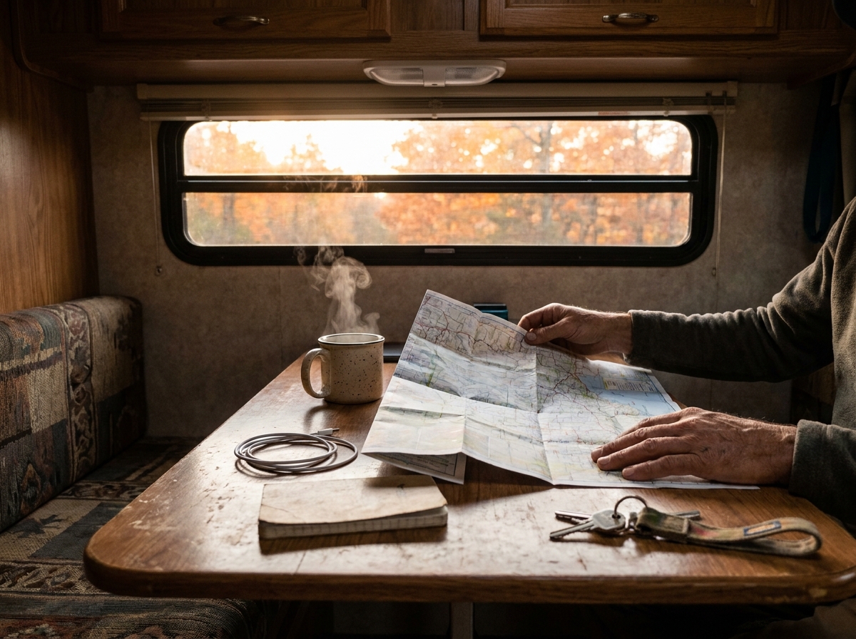 Mains dépliant une carte routière sur la table d'un camping-car, mug de café à côté