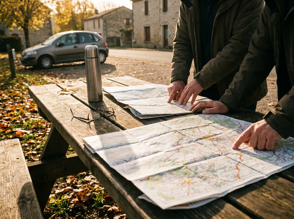 Deux cartes routières ouvertes sur une table de pique-nique à l'étape, matinée d'automne
