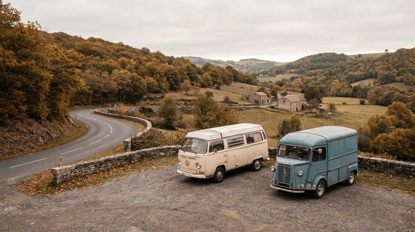 Deux camping-cars garés côte à côte sur une aire du Massif Central en automne