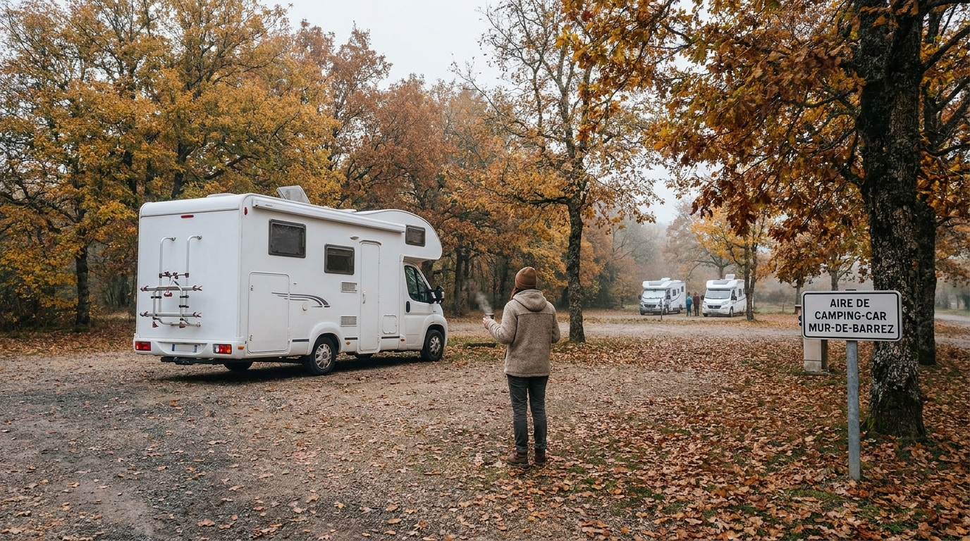 Camping-car solo garé à une aire en automne, en Massif Central, face à un groupe au loin