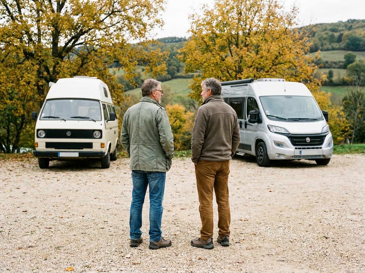 Deux camping-caristes solos en discussion sur une aire en automne, vus de dos