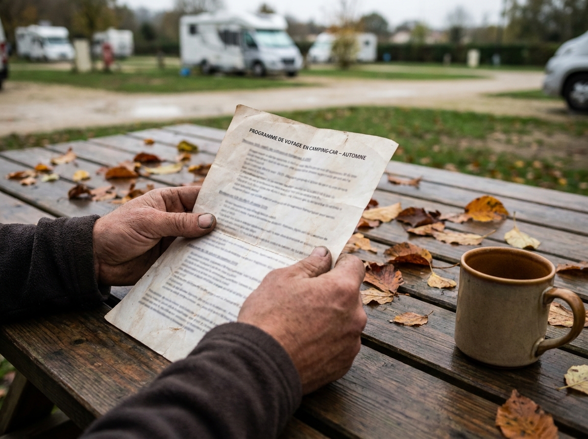 Mains tenant un programme de sortie camping-car sur une table de pique-nique en automne