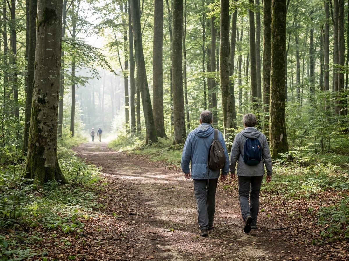 Deux randonneurs quinquagénaires de dos sur une boucle forestière balisée