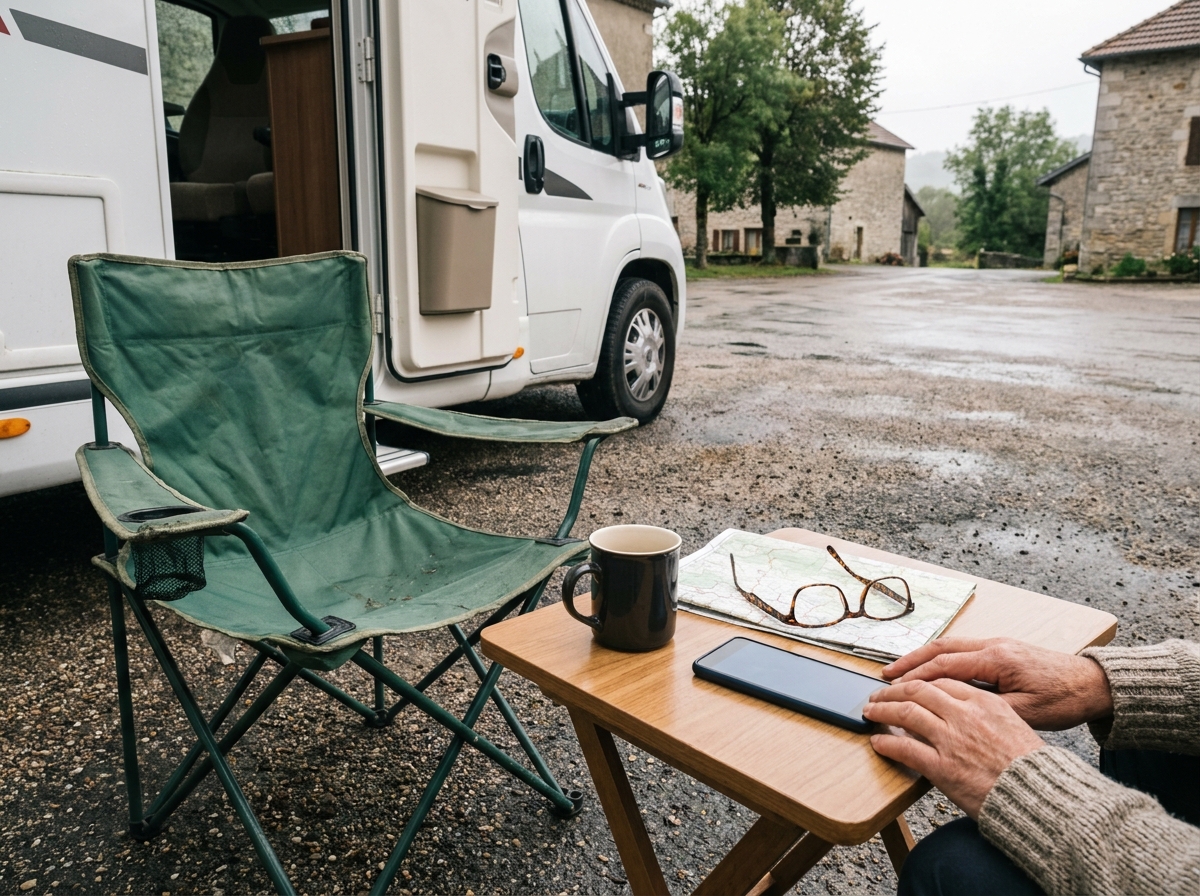 Mains d'un camping-cariste près d'un téléphone et d'une carte, devant son véhicule