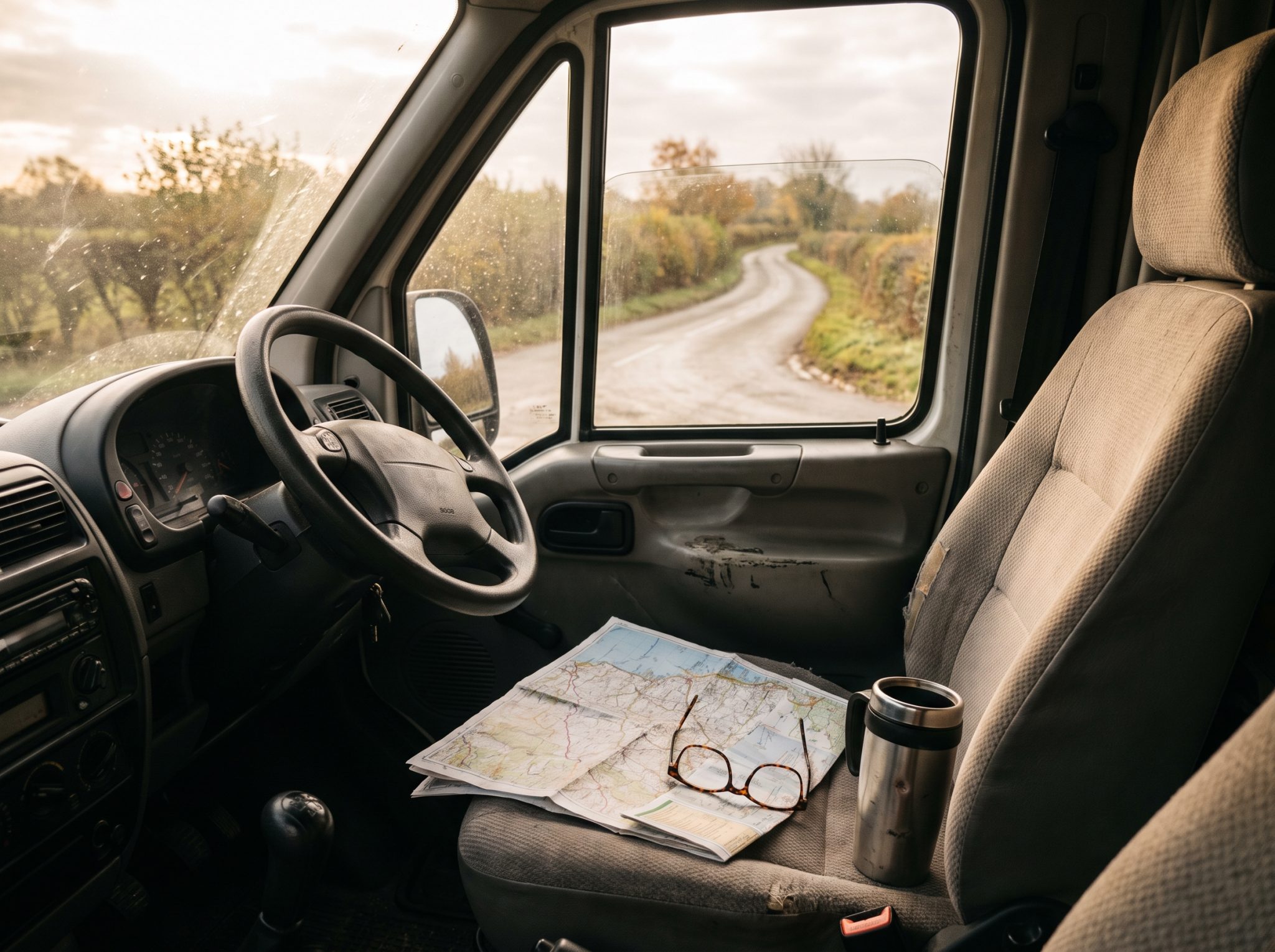 Carte routière papier ouverte sur le siège d'un camping-car, lumière du matin