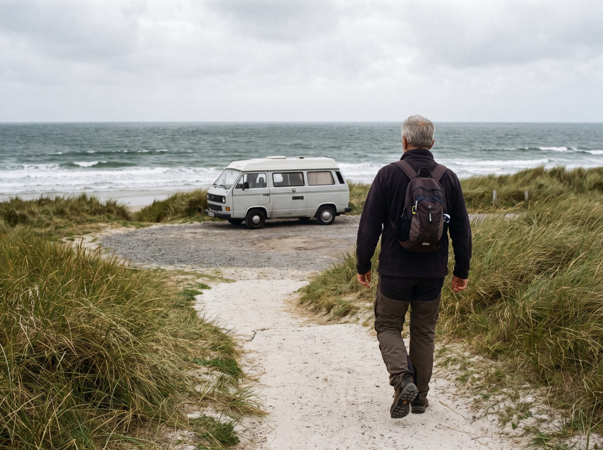 Camping-car garé près d'un sentier littoral, randonneur qui part à pied
