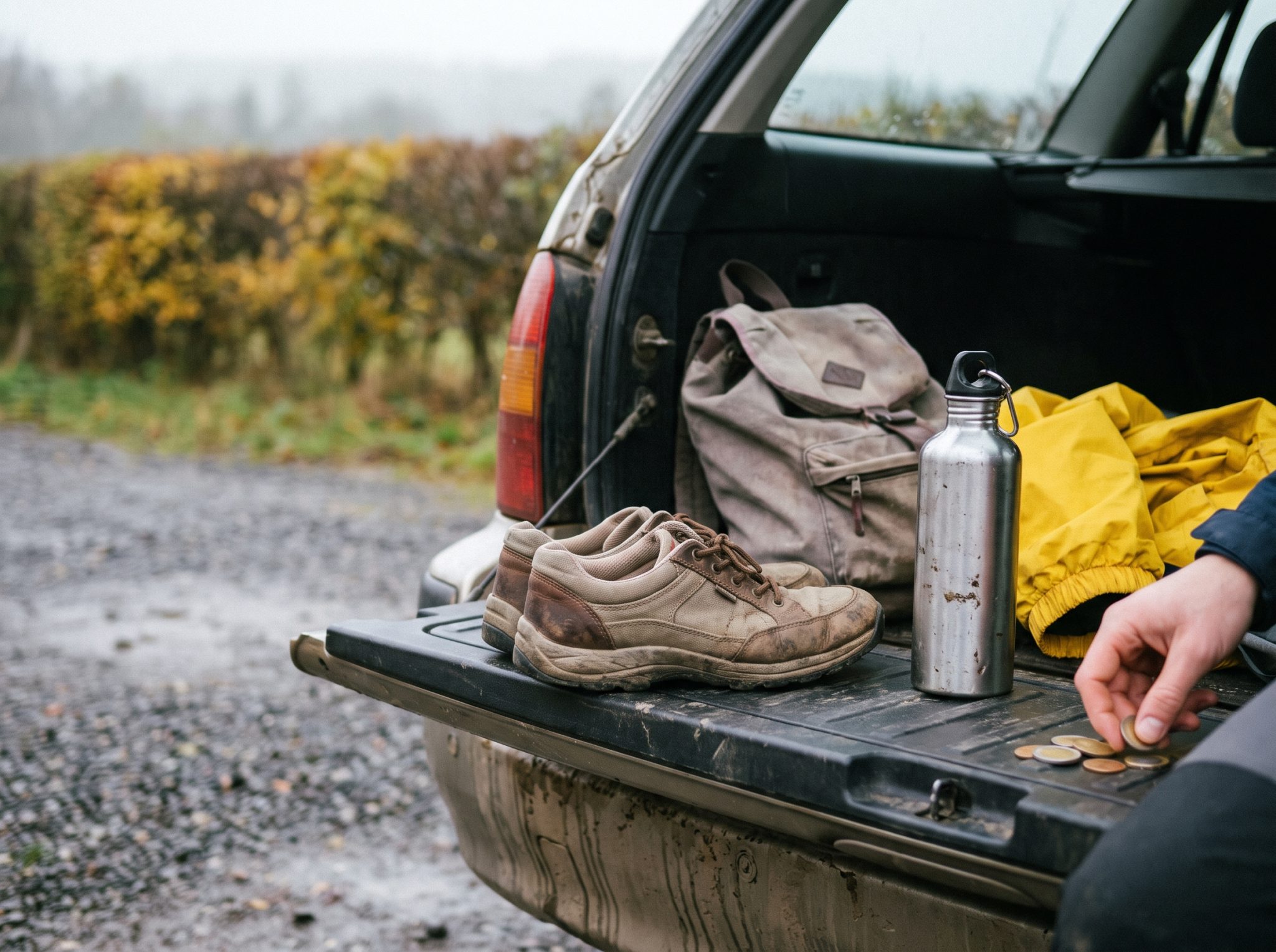Chaussures de marche basses, petit sac et gourde posés sur le coffre d'une voiture