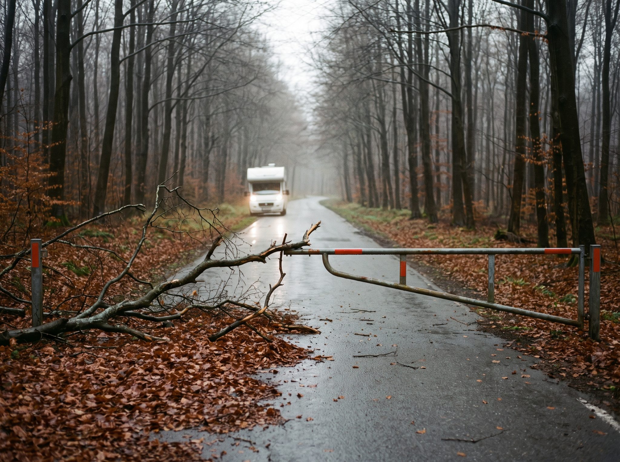 Route départementale forestière barrée par une branche tombée, camping-car arrêté derrière
