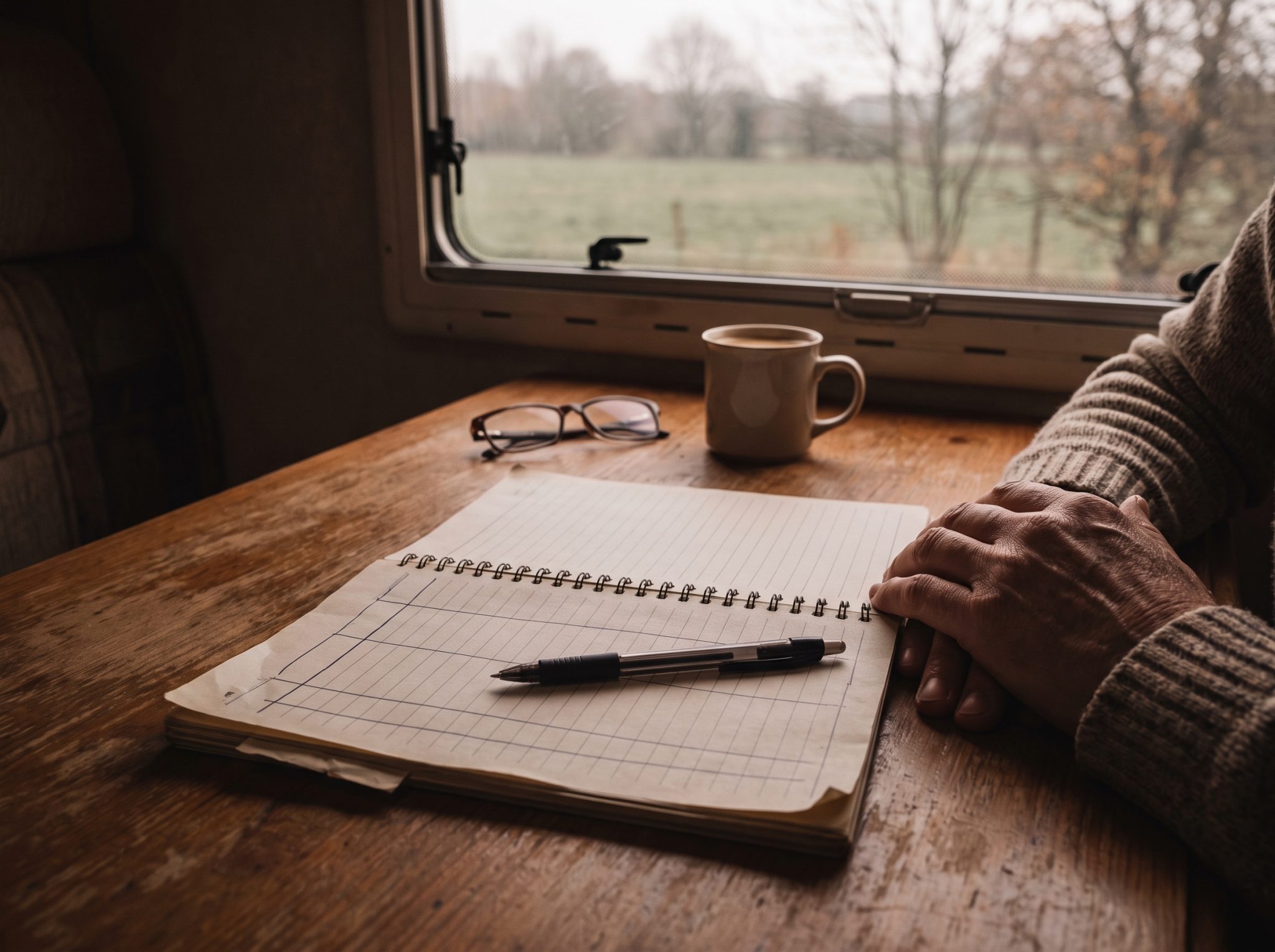 Carnet de route ouvert sur une table de camping-car, stylo posé, en fin de journée