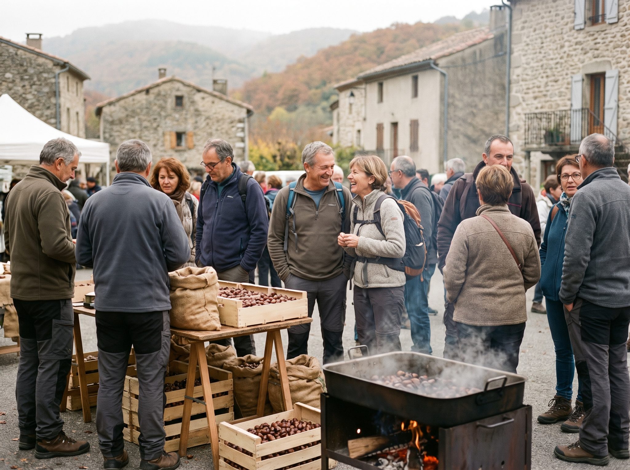 Marcheurs devant un stand de châtaignes lors d'une fête de village en automne
