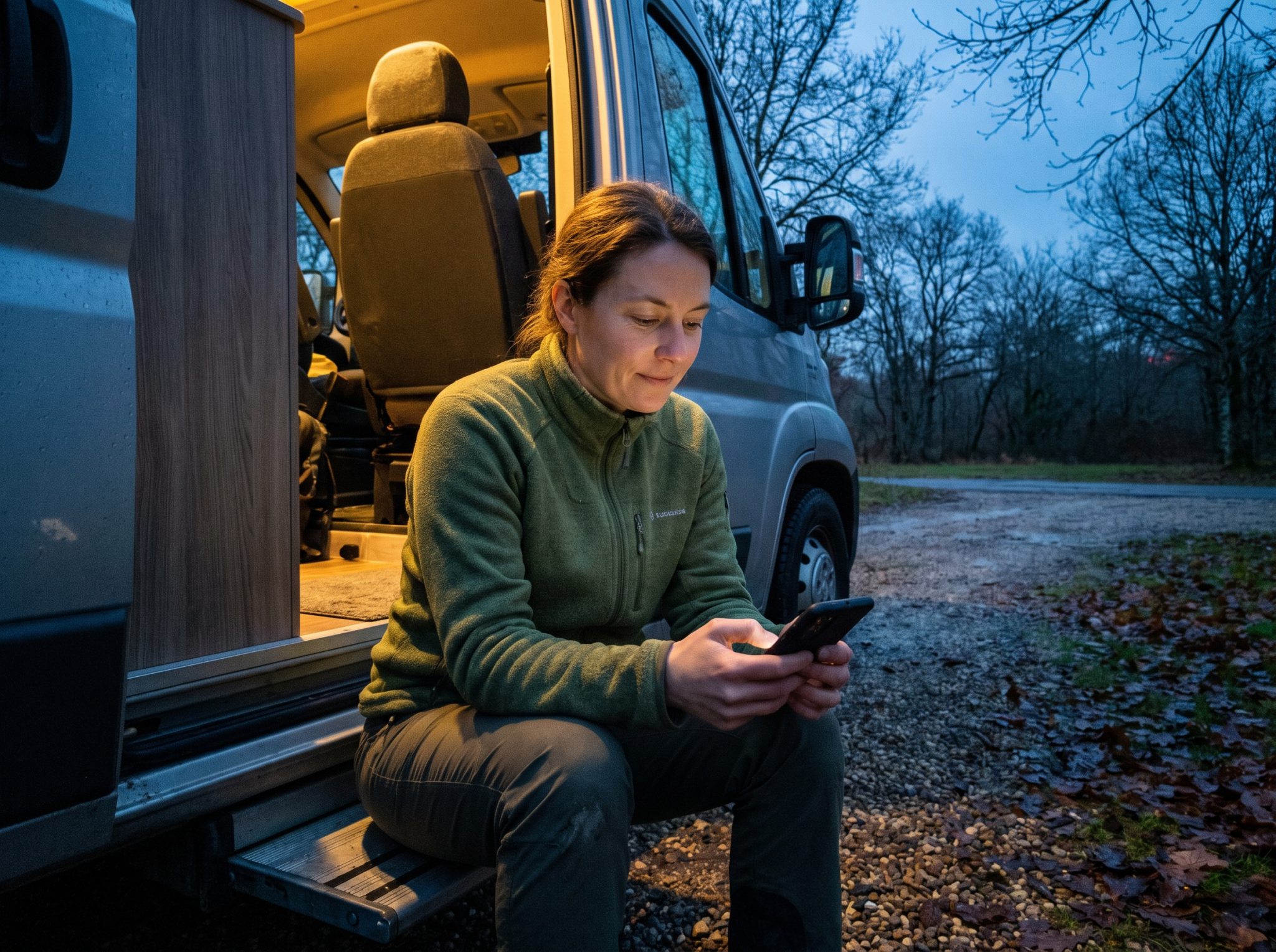 Femme assise sur le marchepied de son camping-car, à la tombée du jour, envoyant un message