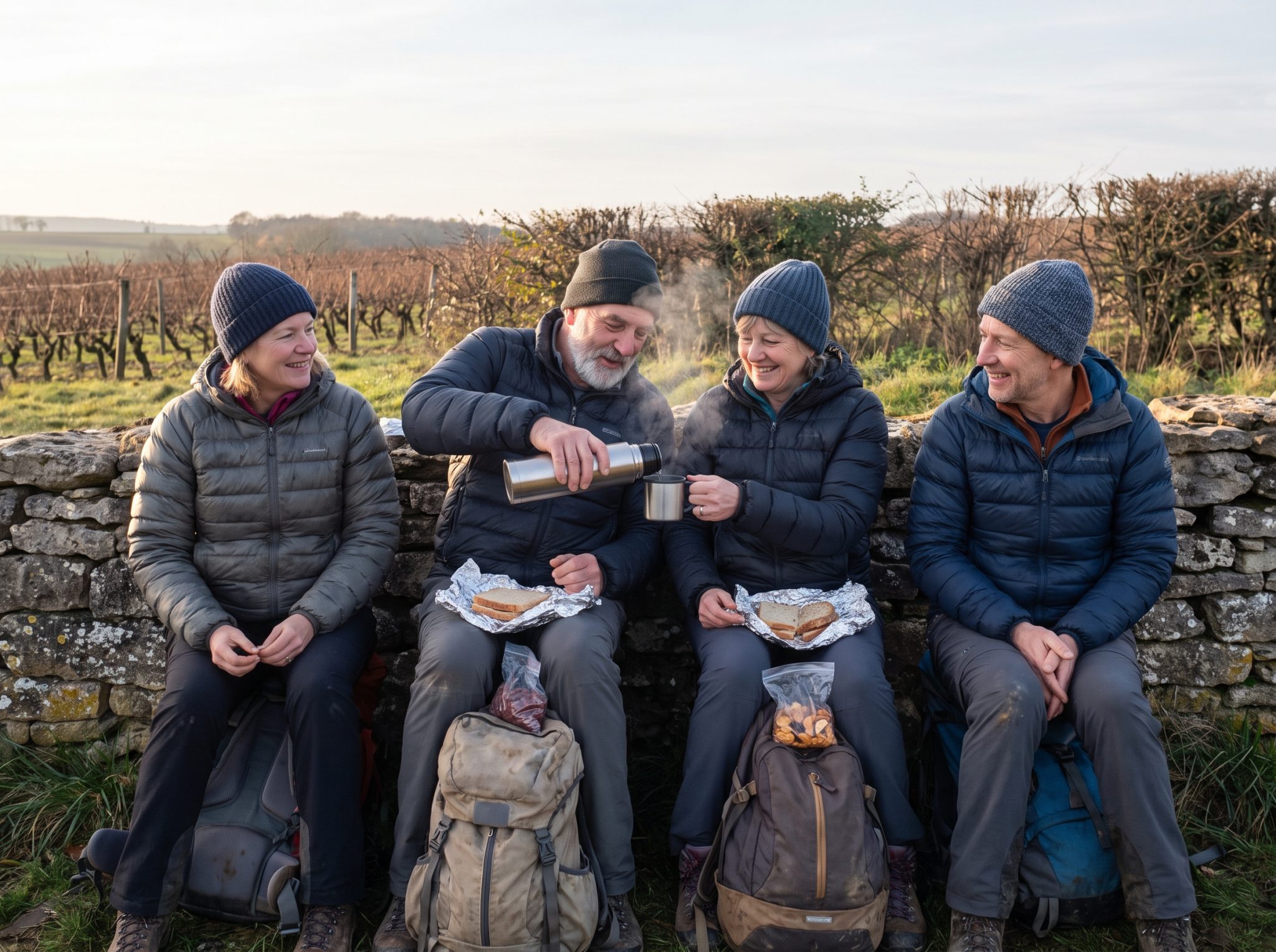 Pause déjeuner à l'abri d'un muret, partage d'une boisson chaude au thermos