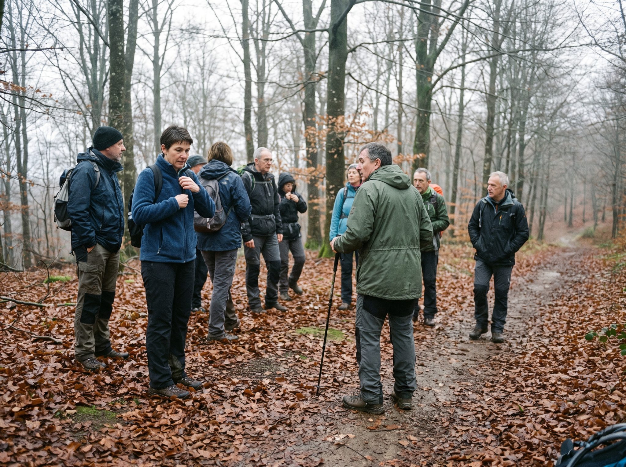 Randonneurs immobiles à un carrefour de sentier, en attente du reste du groupe