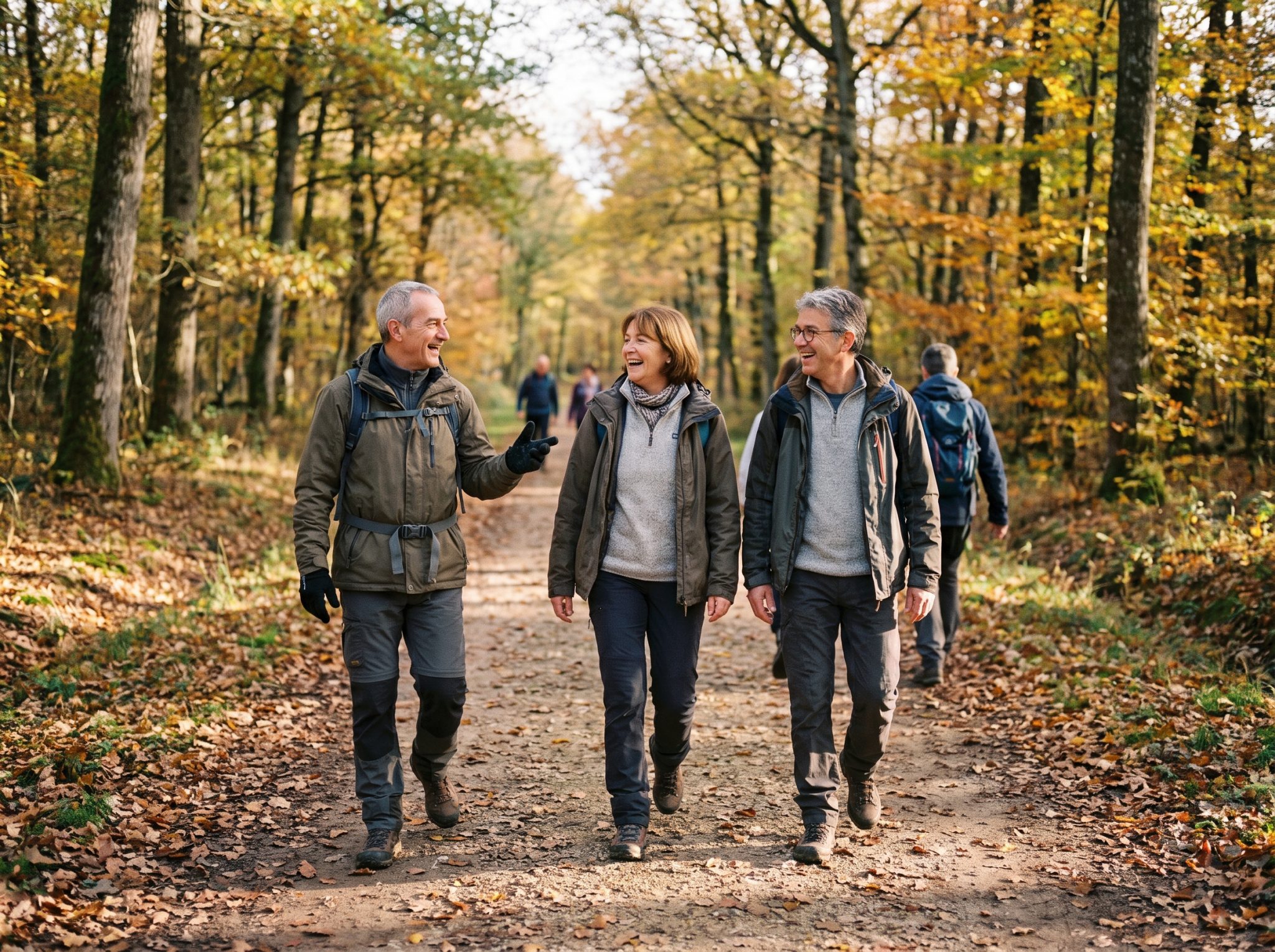 Trois randonneurs discutant au milieu du groupe sur un chemin forestier d'automne