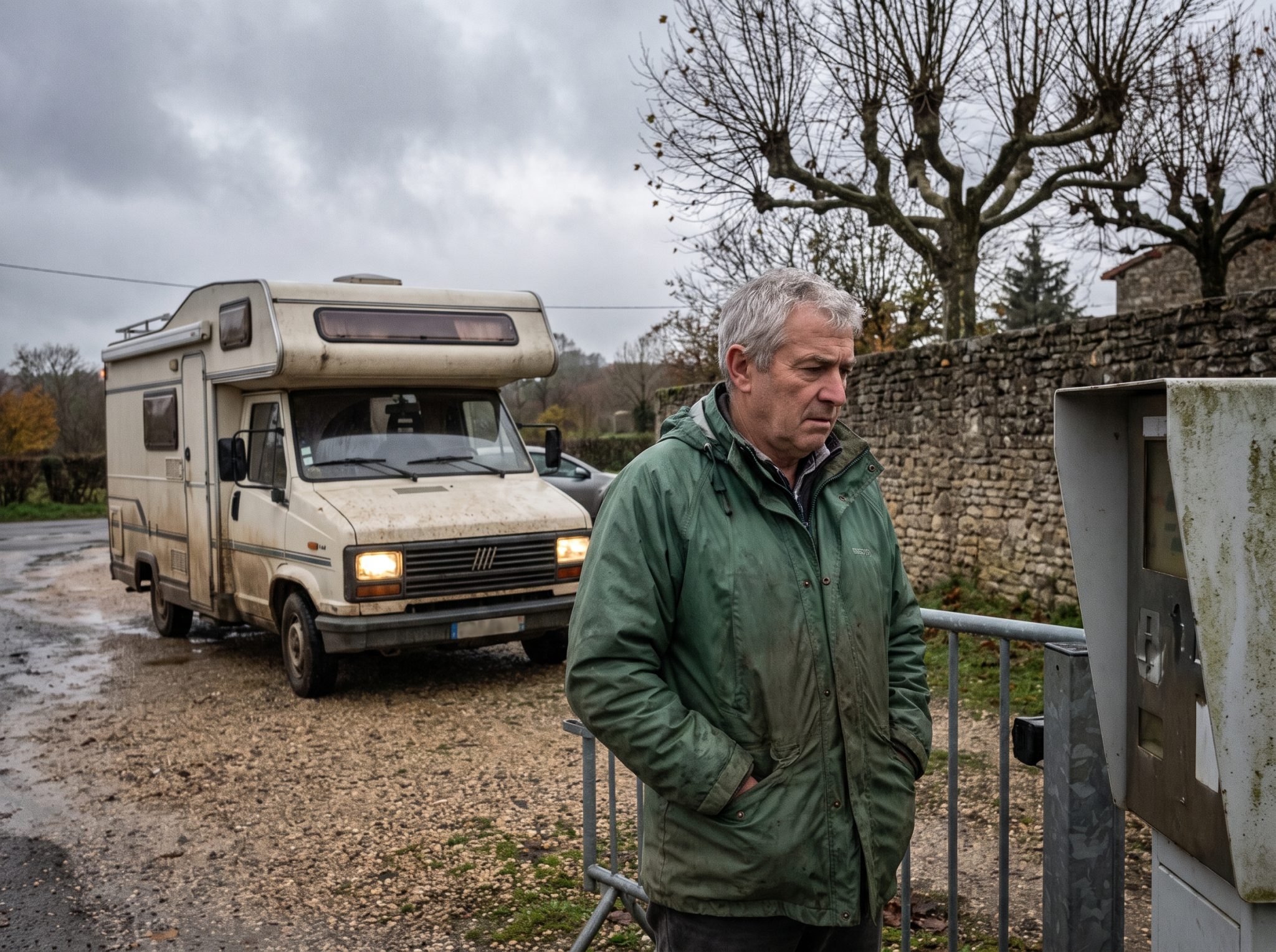 Homme devant la barrière fermée d'une aire de camping-car en fin de journée