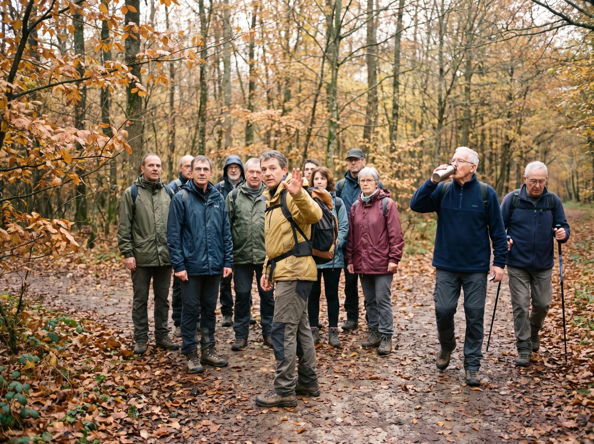 Groupe de randonneurs en pause à un carrefour de sentier forestier en octobre