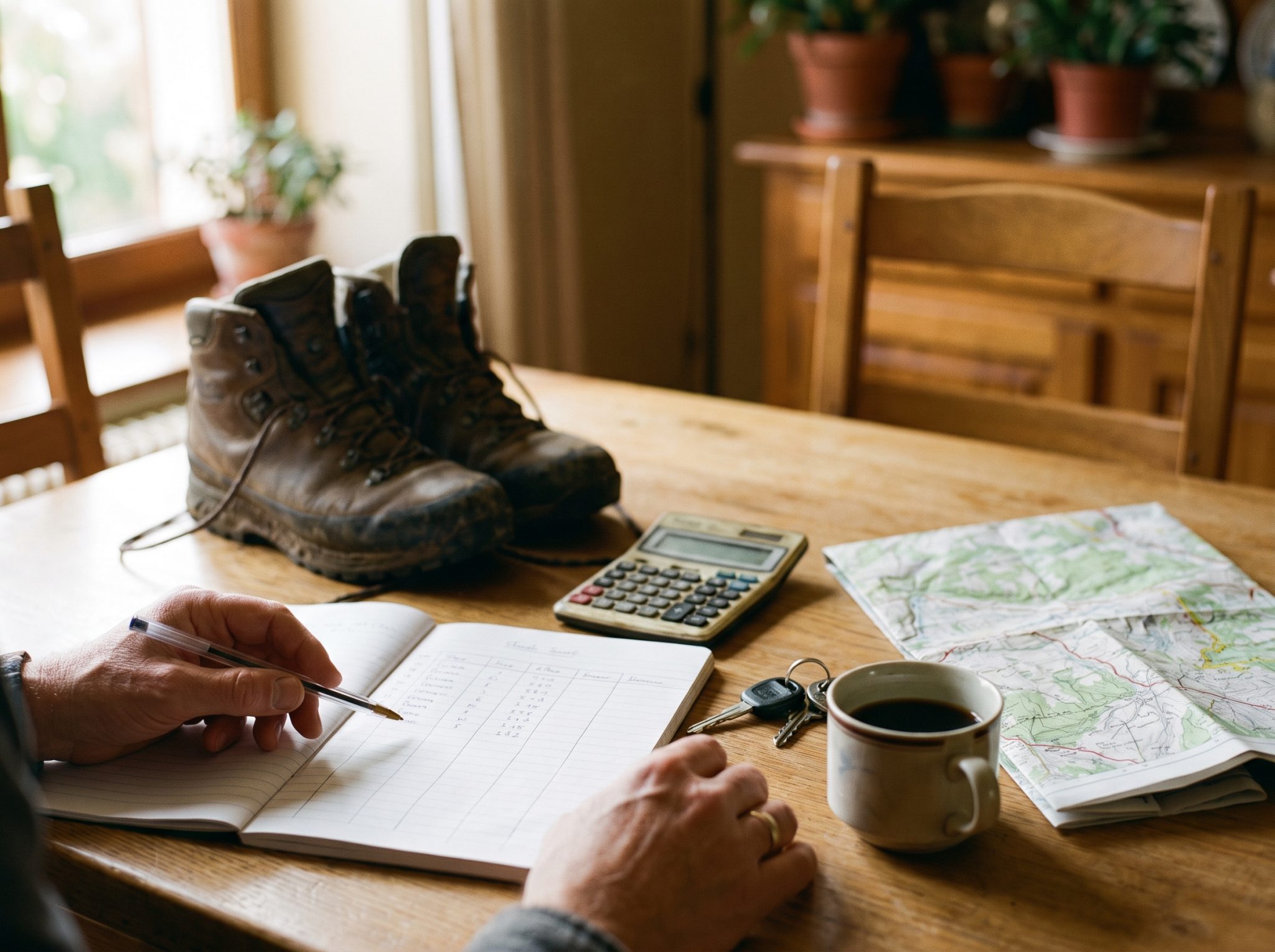 Carnet, calculatrice et chaussures de rando sur une table : faire le budget d'une saison