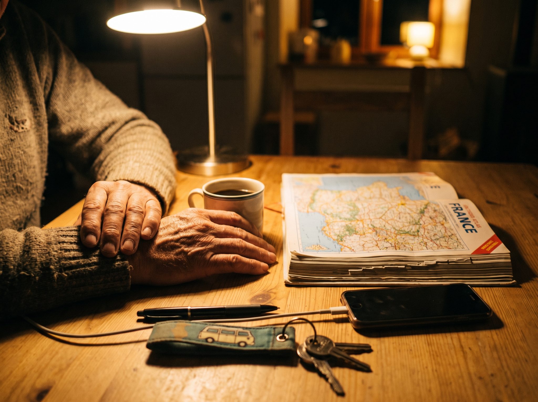 Mains sur une table le soir, atlas routier ouvert et téléphone en charge