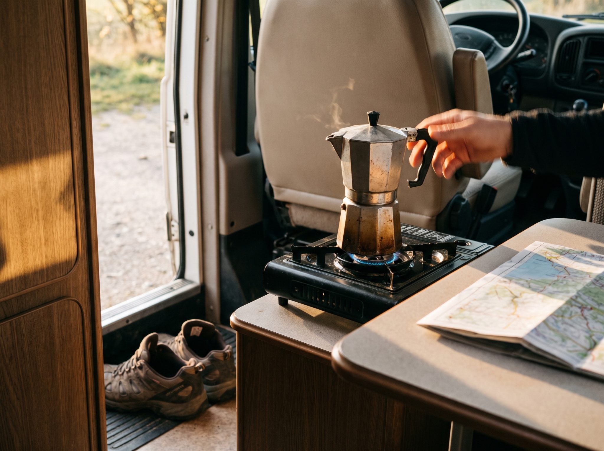 Cafetière sur le réchaud et chaussures de marche près de la porte d'un camping-car