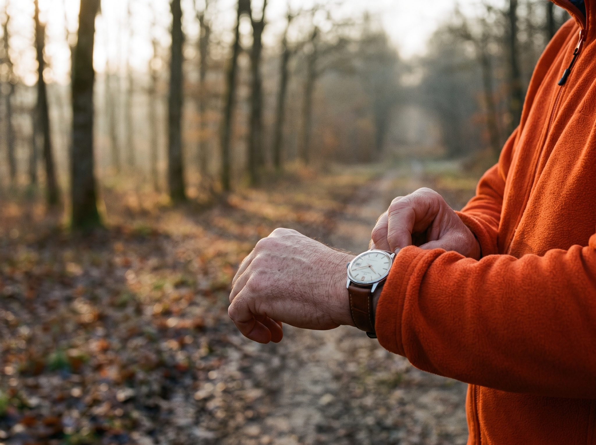 Randonneur qui regarde sa montre sur un chemin forestier en fin d'après-midi d'hiver