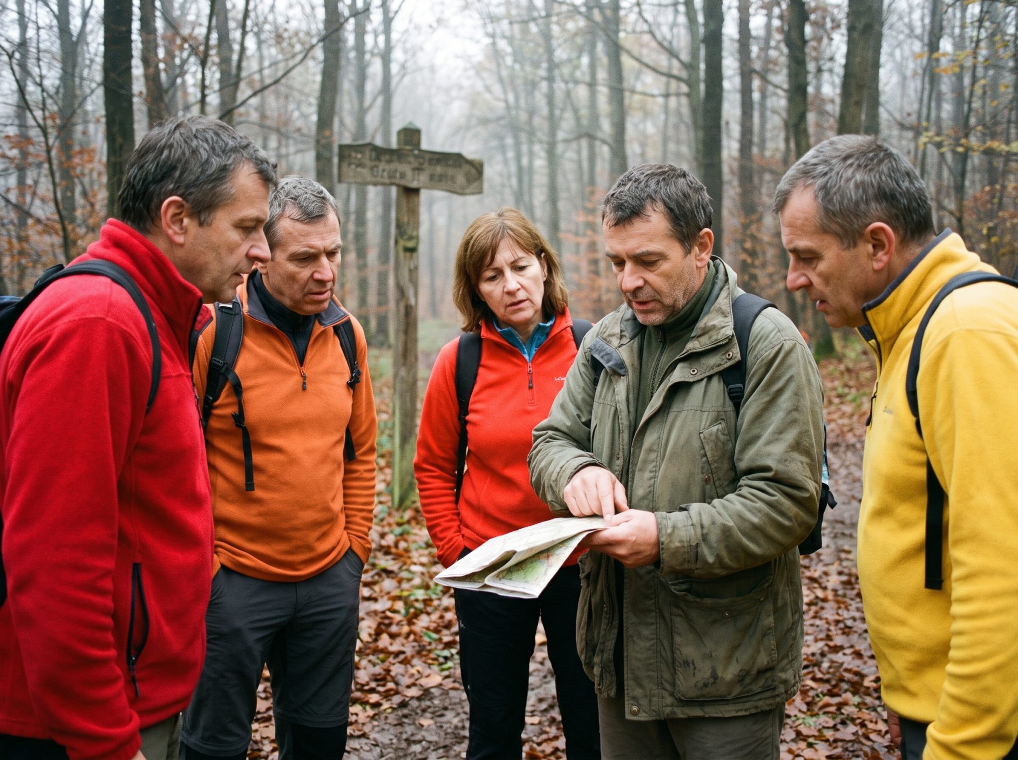 Groupe de randonneurs consultant une carte papier à un croisement en forêt