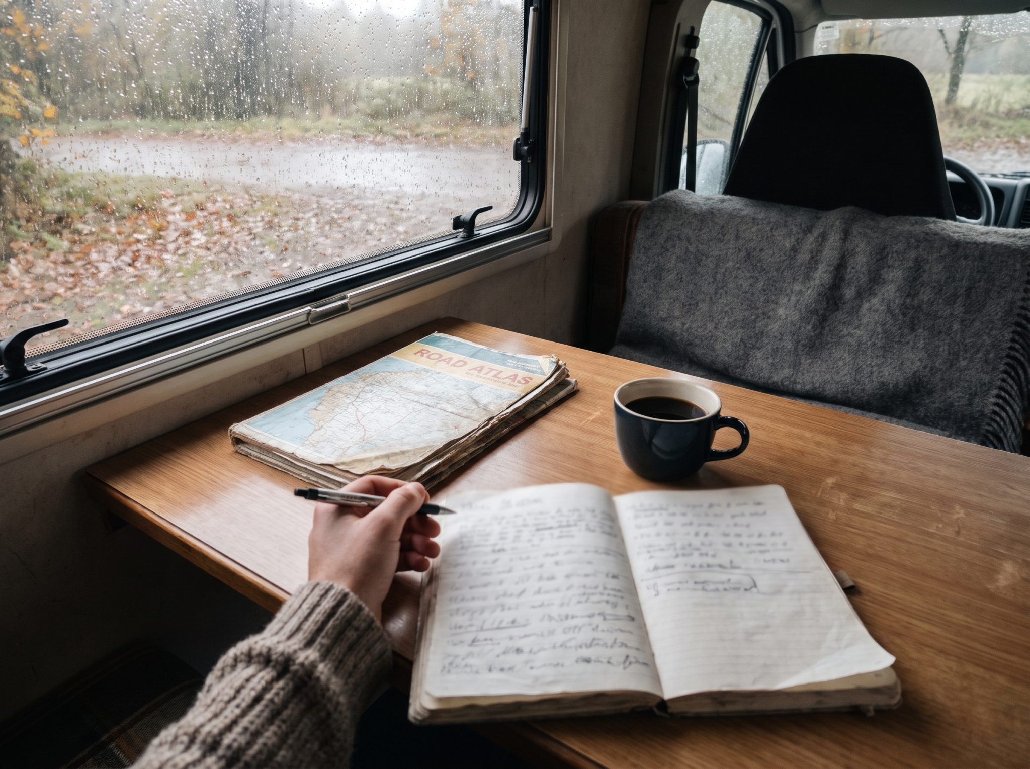 Carnet ouvert sur la table d'un camping-car, main qui note le plan du week-end