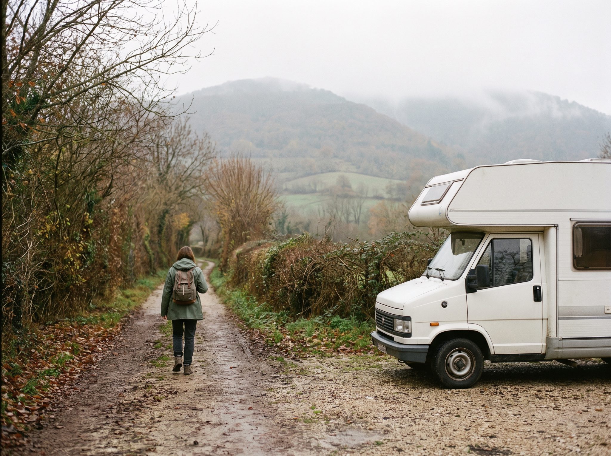 Randonneur quittant son camping-car pour un aller-retour sur un sentier d'automne