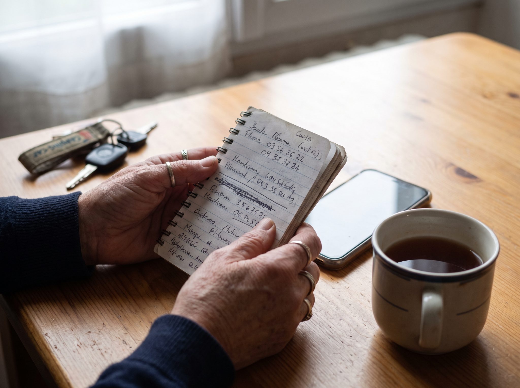 Mains d'une femme tenant un carnet de contacts près d'un téléphone posé à l'envers