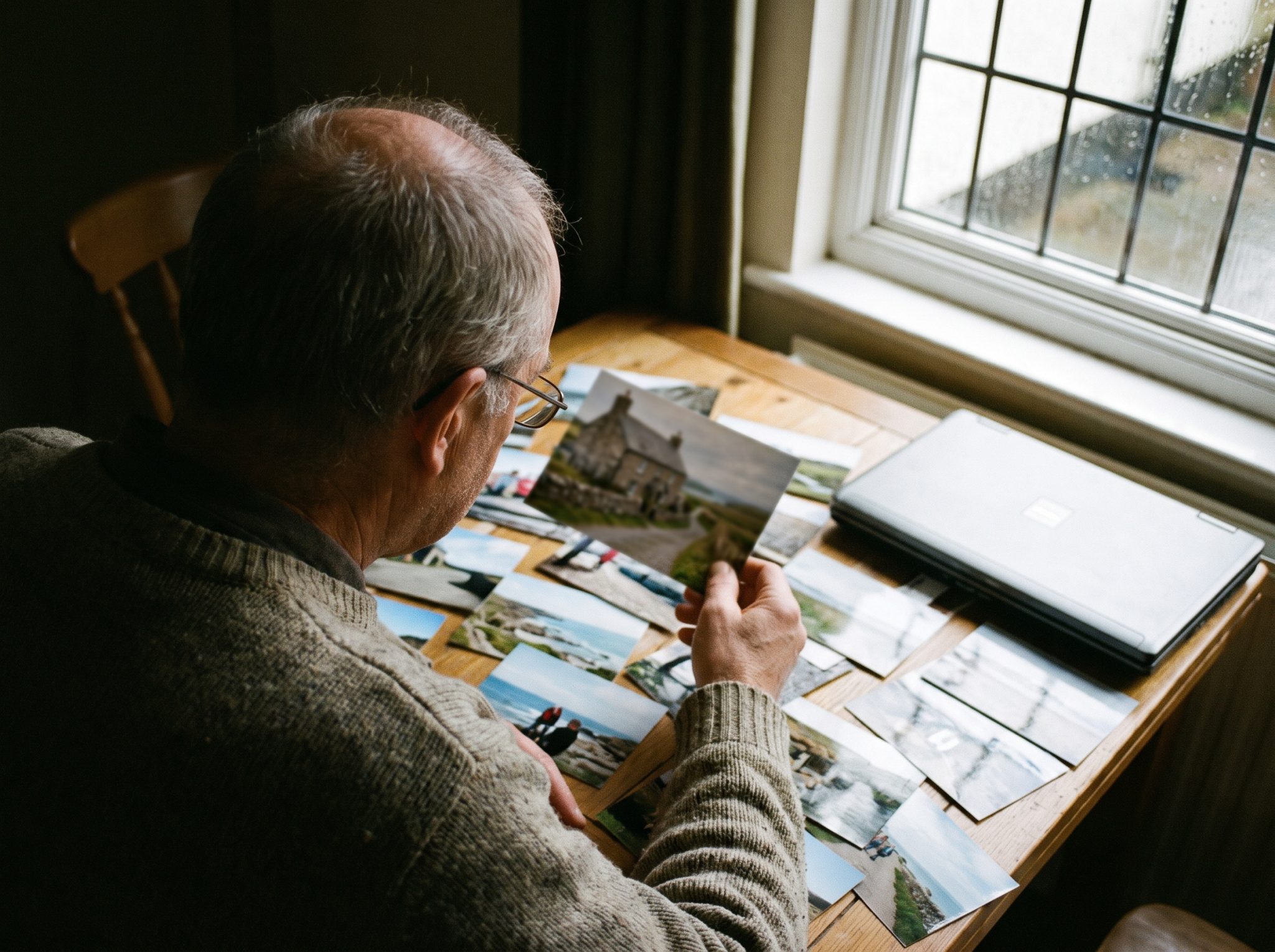 Homme triant des tirages photo de voyage sur une table en bois
