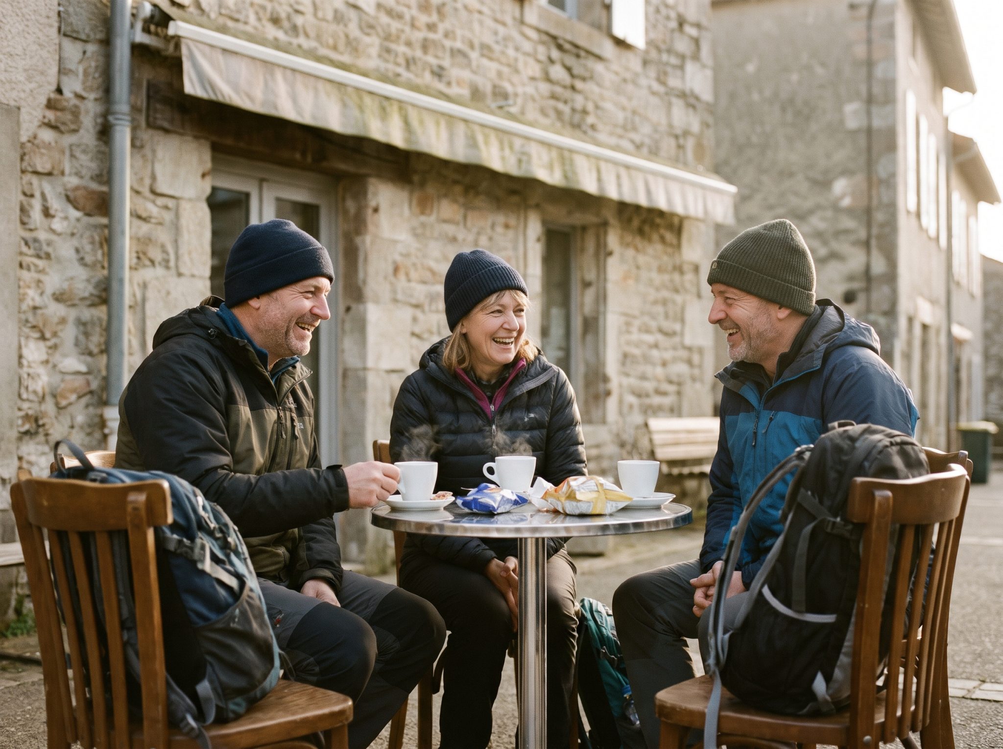 Trois randonneurs discutent autour d'un café en terrasse après une sortie d'hiver