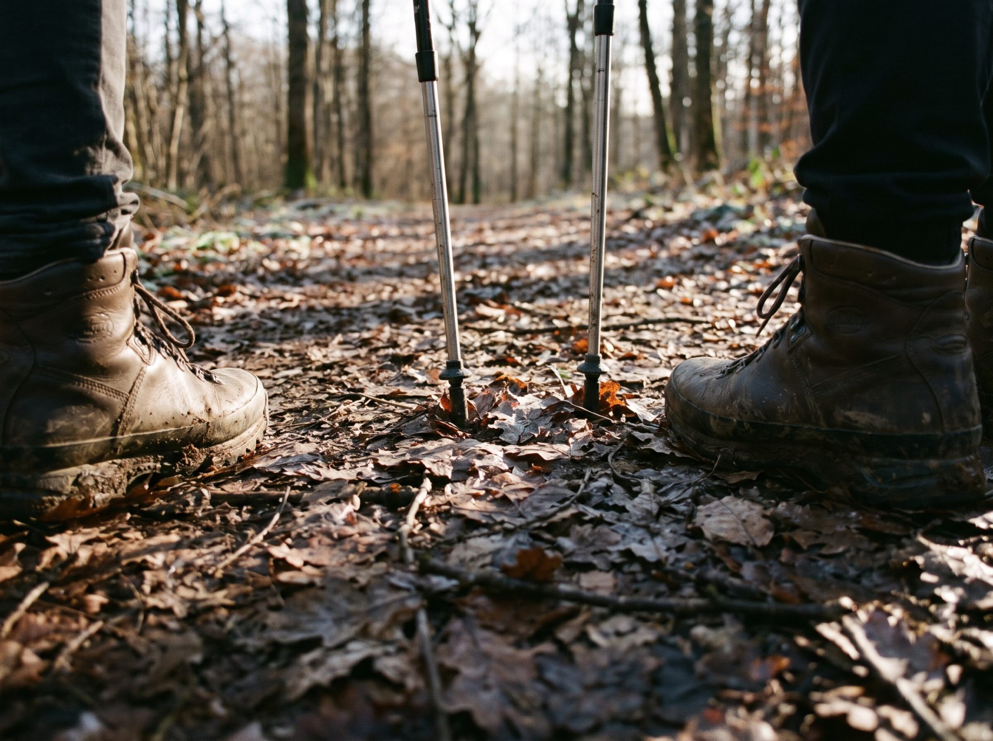 Chaussures de randonnée et bâtons sur un sentier forestier gelé en hiver
