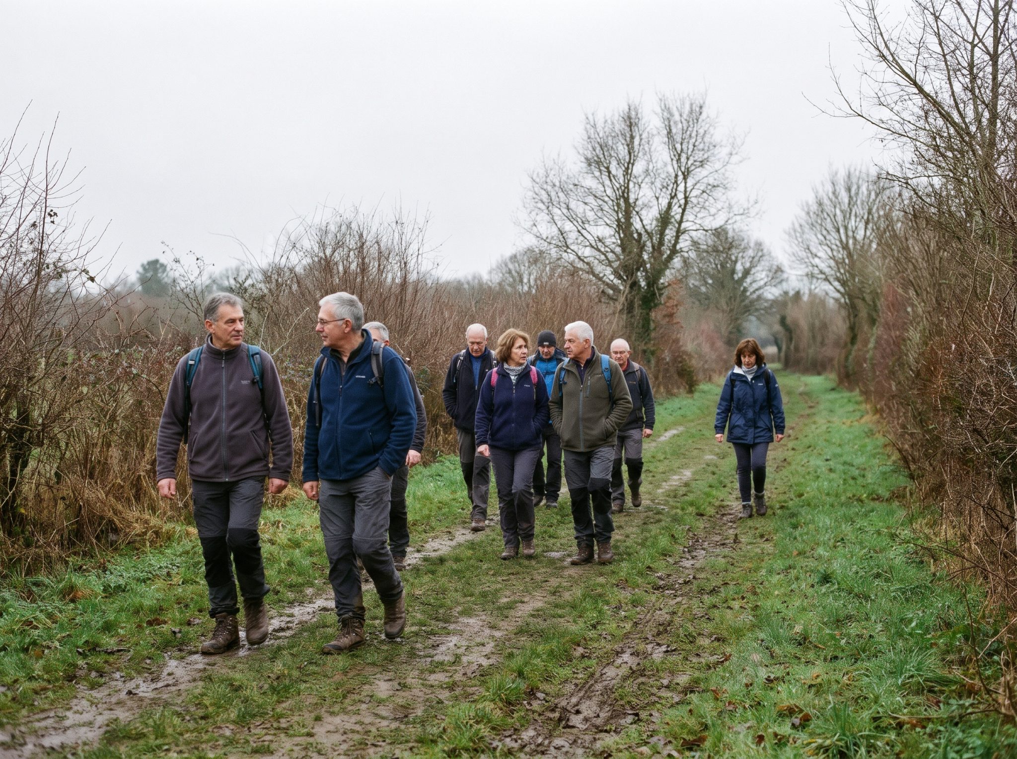Marcheurs échelonnés sur un chemin herbeux entre des haies en novembre