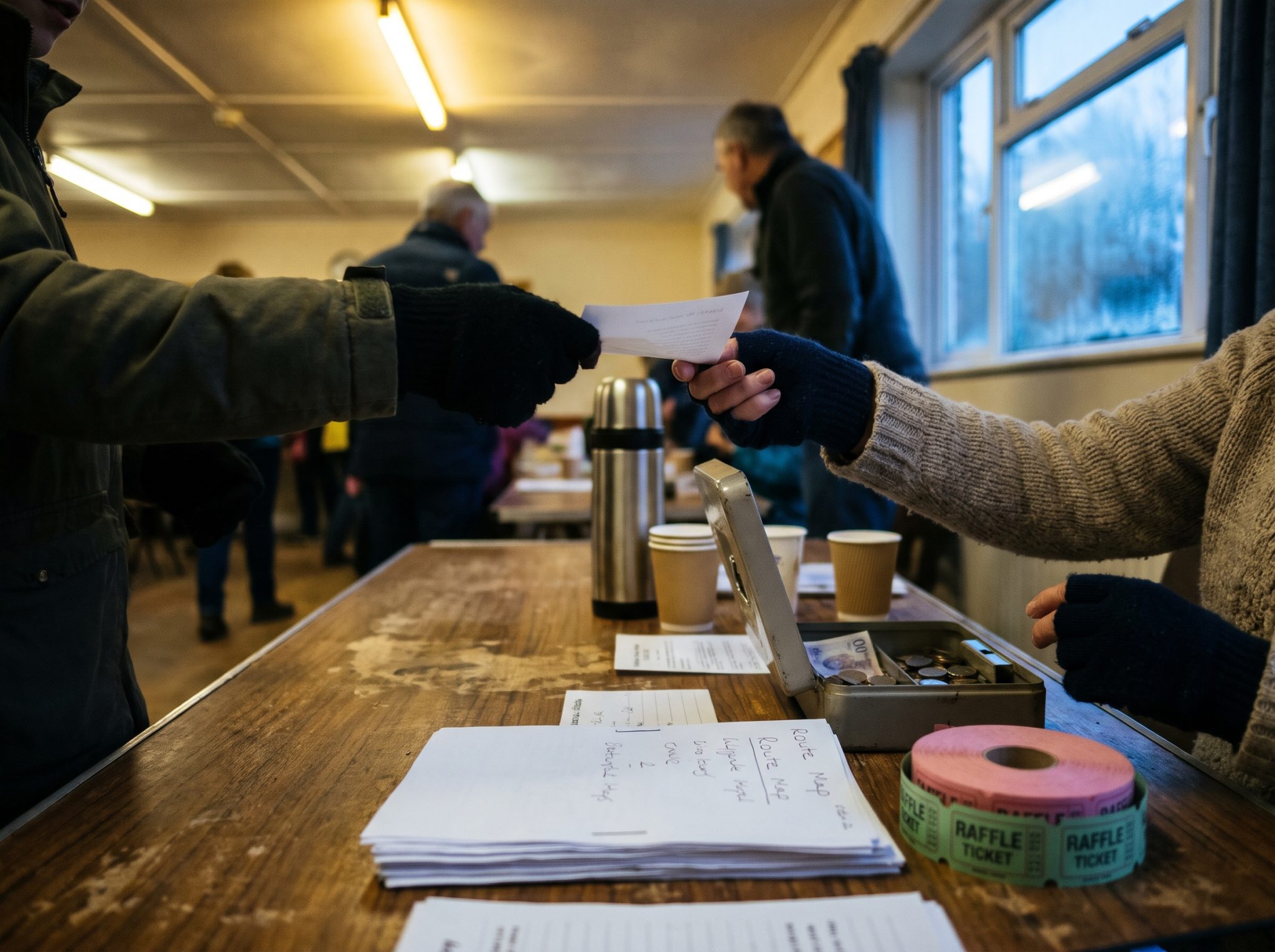 Table d'inscription d'une marche populaire dans une salle des fêtes au petit matin