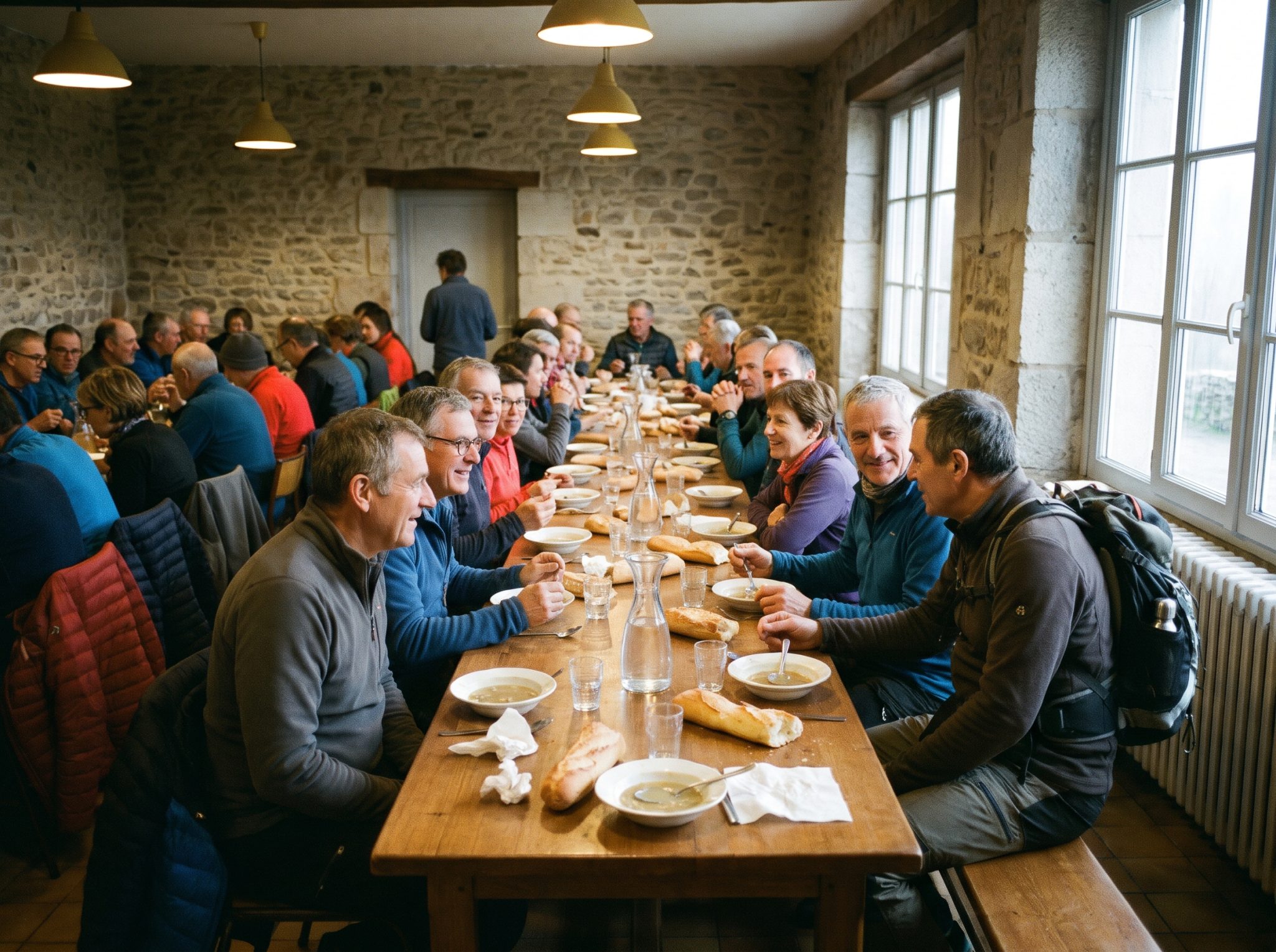 Grande tablée dans une salle des fêtes après la marche, soupe et discussions