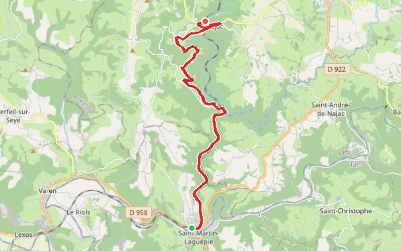 Tracé du parcours De Laguépie à Najac par les Gorges de l'Aveyron
