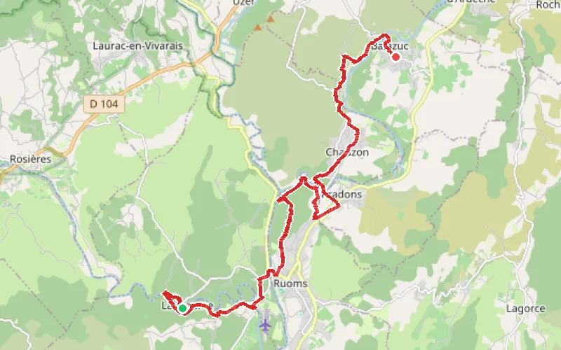 Tracé du parcours Le long des rivières de l'Ardèche, de Labeaume à Balazuc