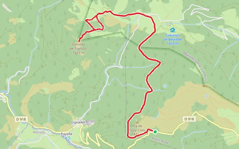 Tracé du parcours Sommet du Tignous depuis la route forestière du Col d'Aspin