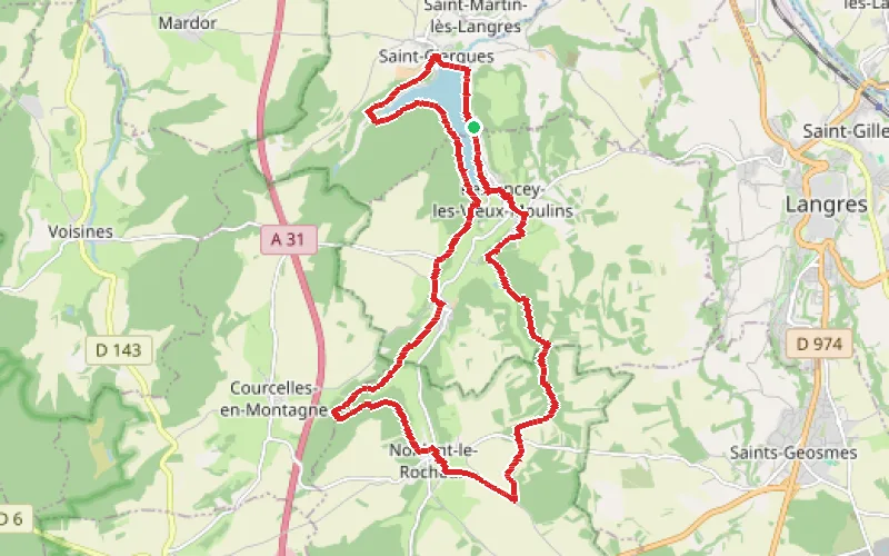 Tracé du parcours Vallée, falaises et lac de La Mouche depuis Perrancey-les-Vieux-Moulins