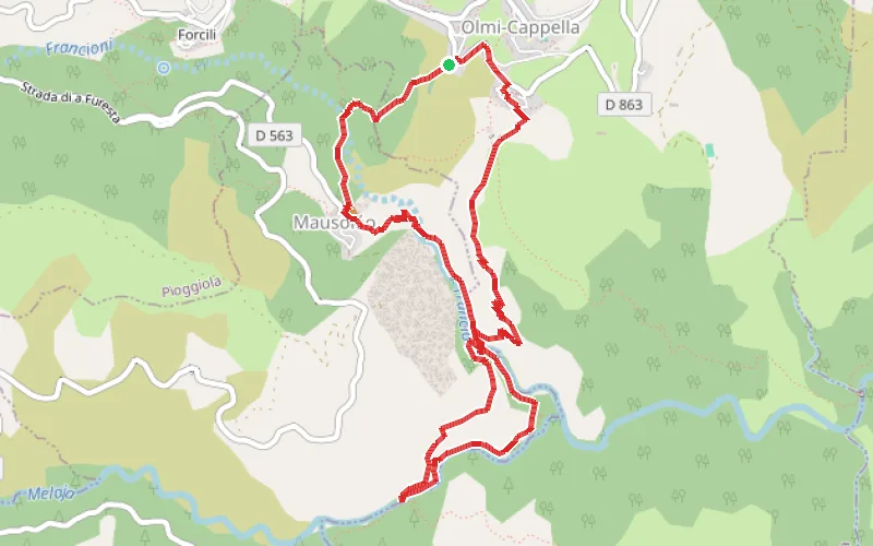 Tracé du parcours En forêt d'Olmi-Cappella et Mausoléo, ponts génois et ruines de moulins