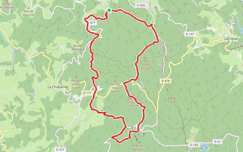 Tracé du parcours De la Pierre Châtel à la Pierre druidique