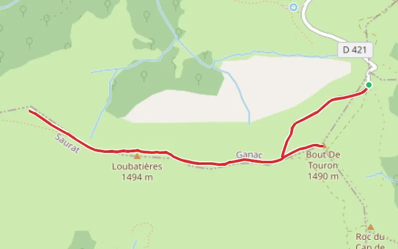 Tracé du parcours Le Bout de Touron et le Sommet de Bazillac depuis le Pla des Peyres